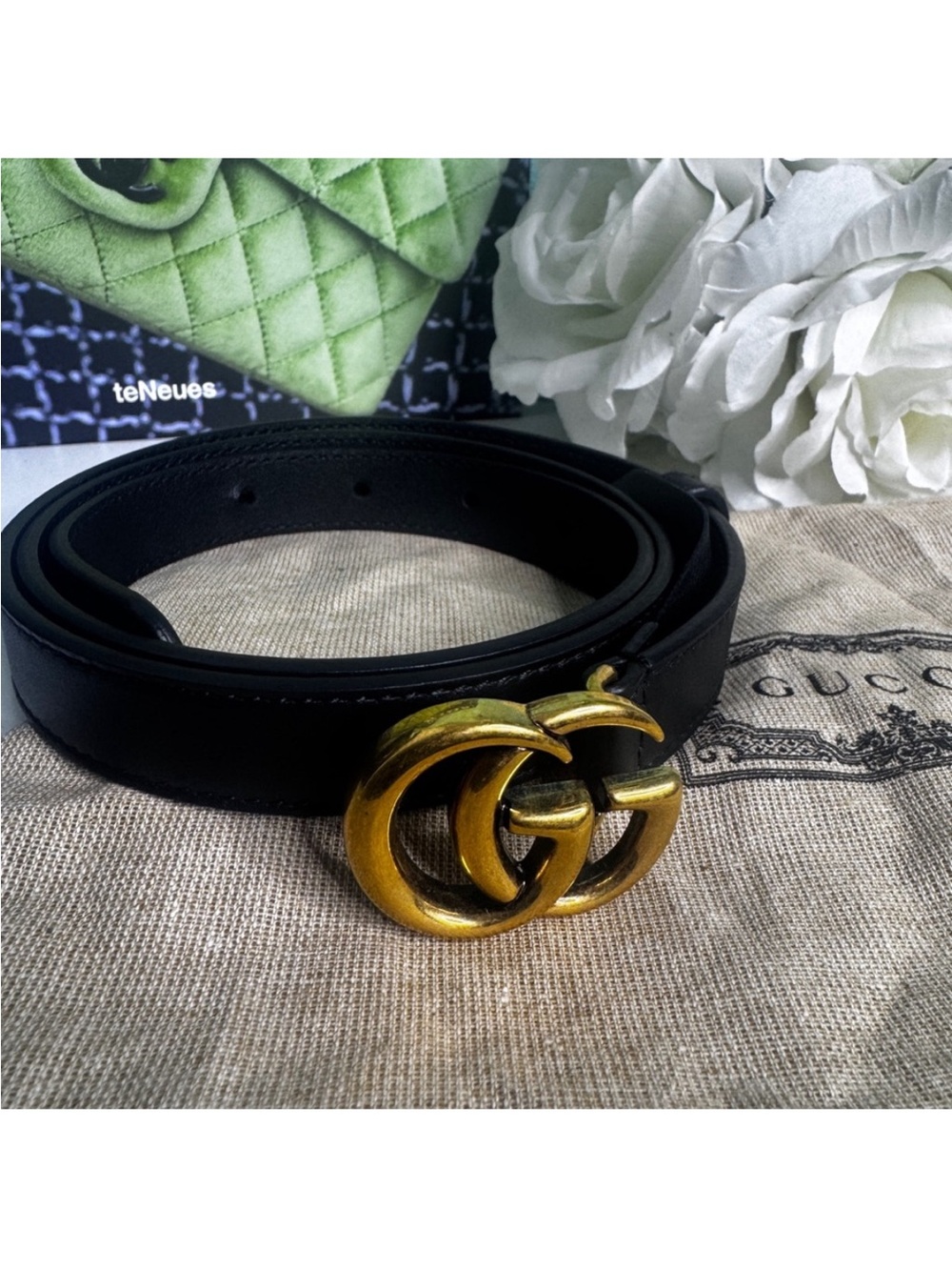 Gucci GG Black Leather Belt Size 80